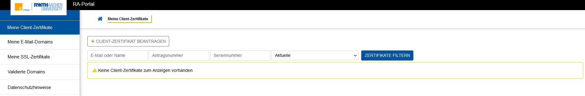 Option zum Beantragen vom Client-Zertifikat im RA-Portal Option zum Beantragen vom Client-Zertifikat im RA-Portal