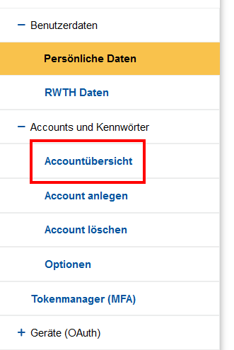 Screenshot der Startseite von IDM Selfservice. Die Registerkarte „Konten und Passwörter“ ist aufgeklappt. Darin finden Sie die Schaltflächen „Accountübersicht“, „Accounterstellen“, „Account löschen“ und „Optionen“.