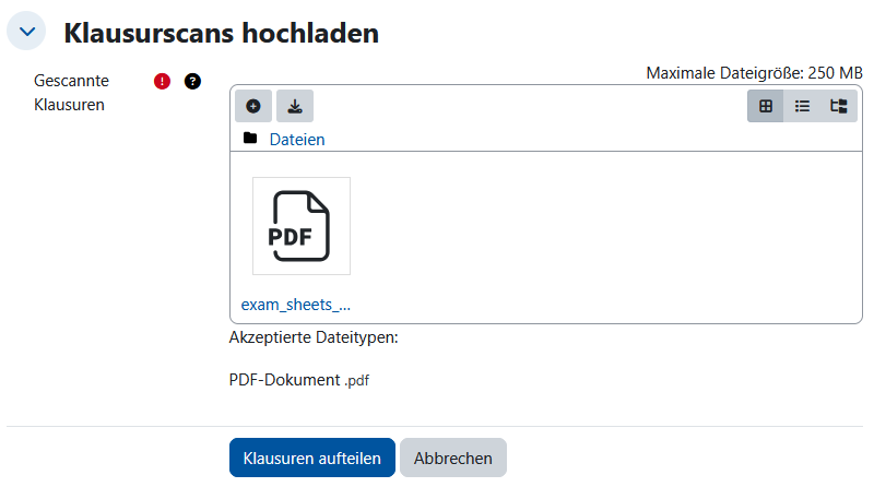 Screenshot der Seite zum Aufteilen der Klausurscans. Im Uploadfeld ist eine Beispieldatei hochgeladen. Über den Button "Klausuren aufteilen" kann der Prozess zum Aufteilen angestoßen werden.