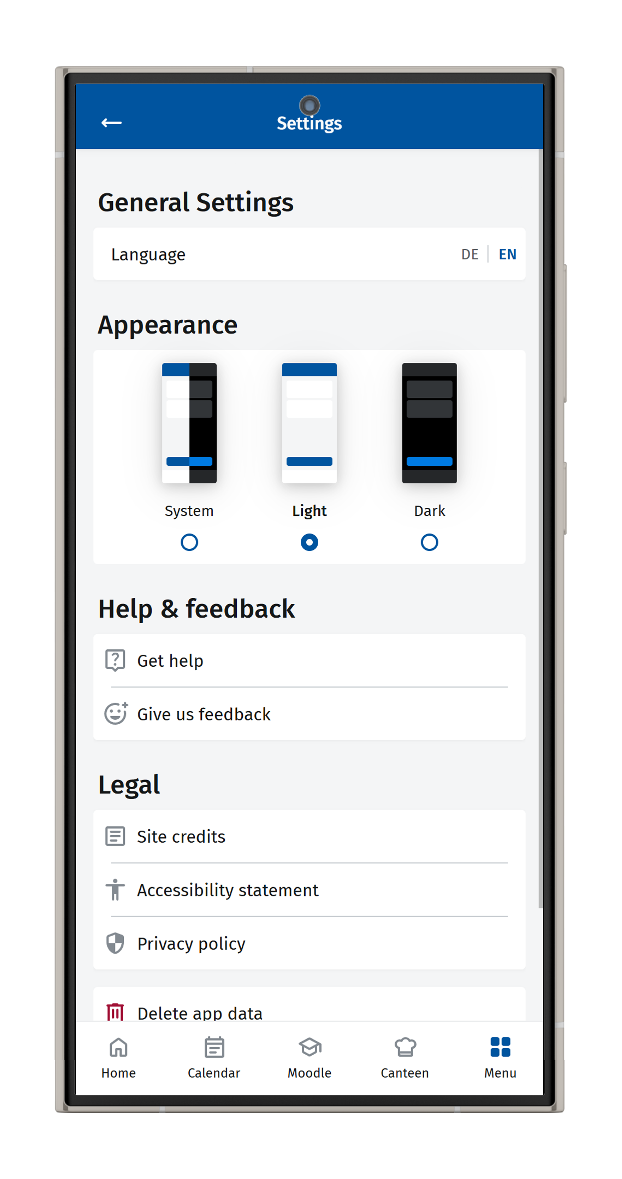 Screenshot of general settings in light mode.