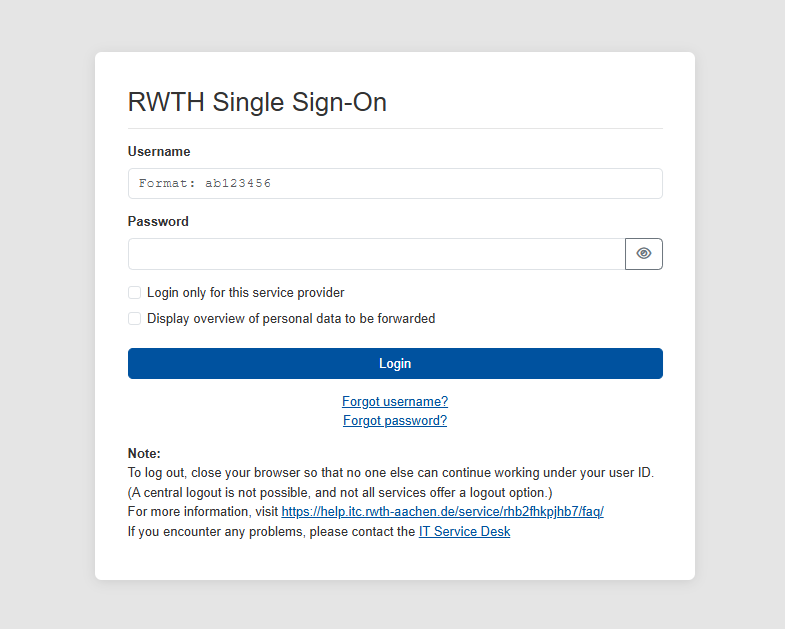RWTH Singel Sign-On login mask