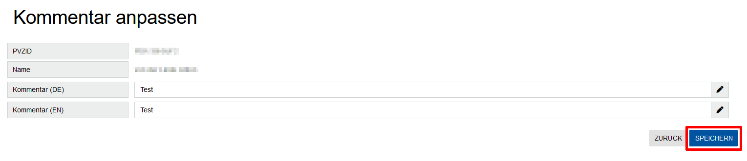 Screenshot der Ansicht "Kommentar anpassen“. Der Kommentar wird in eine Tabelle eingetragen. Der Button "Speichern" ist am Ende der Seite.