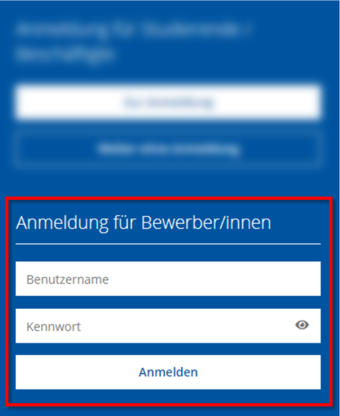 Anmeldemaske in RWTHonline Screenshot der Anmeldemaske in RWTHonline. Anmeldung für Bewerber/innen steht unterhalb der Anmeldung für Studierende / Beschäftigte. Hier müssen Bennutzername und Kennwort eingegeben werden, mit dem Button „Anmelden“ folgend.