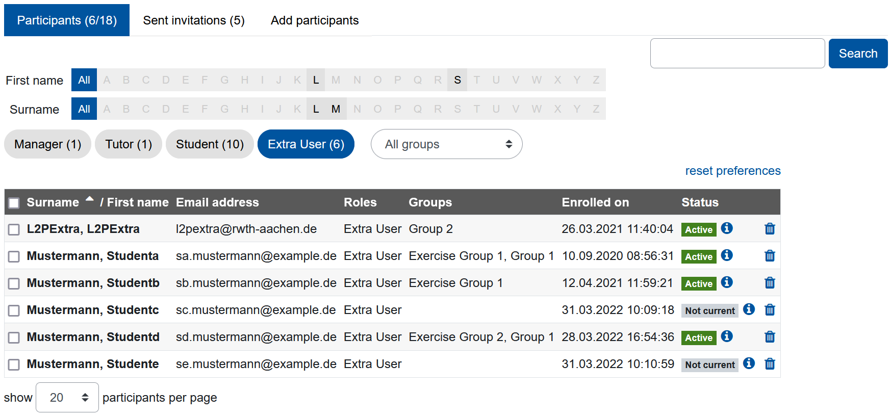 Participants list The screenshot shows the "Participants list". From three options at the top, "Participants (6/18)", "Sent invitations (5)", and "Add participants", the first one is highlighted. Below the filter to use with the first and the surname is available, in this case the letters "L" and "S", or "L" and "M" respectively are slightly highlighted, the option "All" for both rows is selected. Below the filters "Manager (1)", "Tutor (1)", "Student (10)", "Extra User (6)" (this one is highlighted), and the dropdown menu "All groups" are shown. The list itself contains six rows contain the following participants data: "Surname" and "First name", "Email address", "Roles", "Groups", "Enrolled on", and finally the "Status". The status is either "Active" (4 rows) or "Not current" (2 rows) . The last row is the setting for the number of entries to be displayed on a single page, reading "20" here.