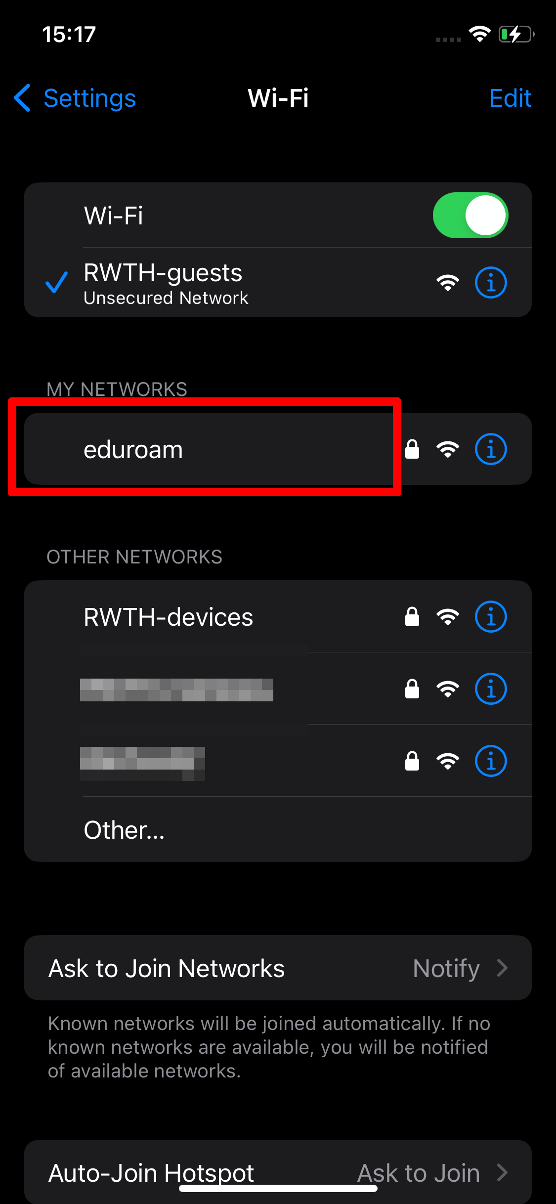 Screenshot of the Wi-Fi settings. eduroam should be listed under "My networks".