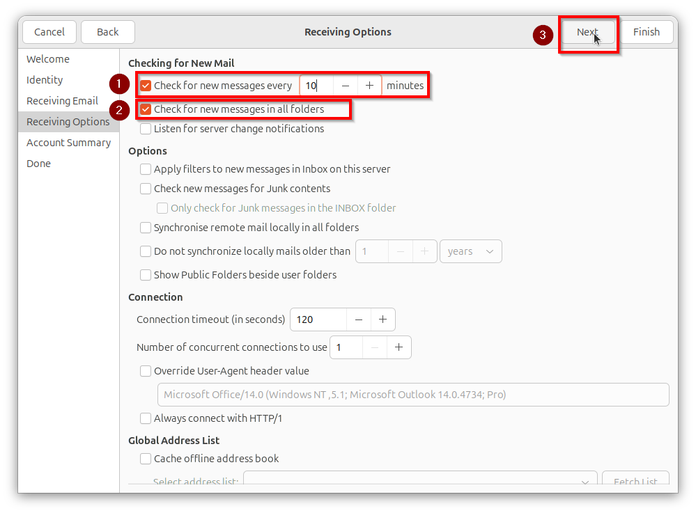 Screenshot of the ‘Receiving options’ window with the options ‘Check for new messages’ and ‘Check for new messages in all folders’ in the centre and the ‘Next’ button at the top right.