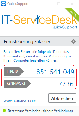 The picture shows the Quicksupport start window. The picture shows the Quicksupport start window.