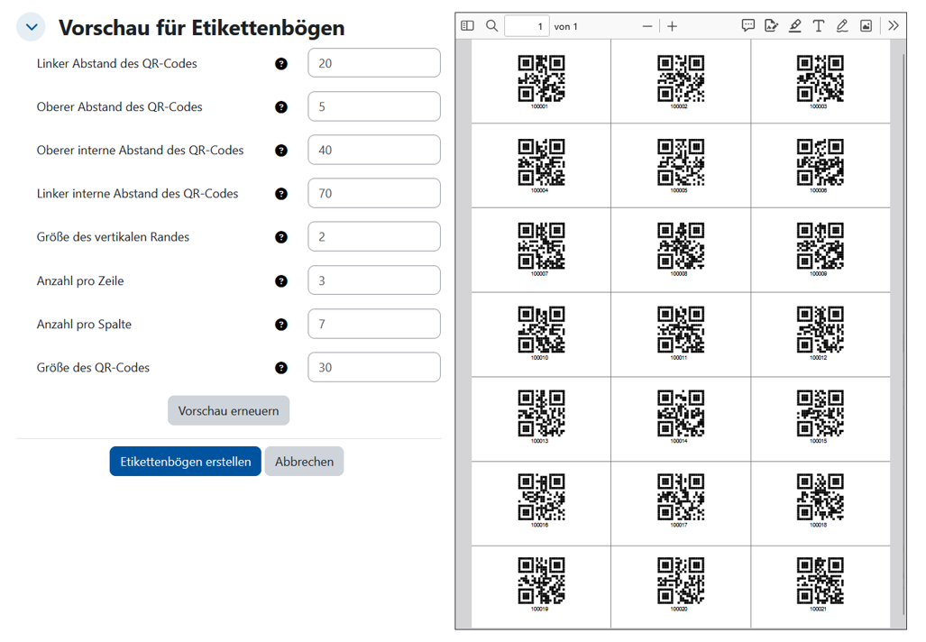 Screenshot der Vorschau für die Etikettenbögen. Links neben der eigentlichen Vorschau können die Positionen und Abstände sowie Zeilen und Spalten für die QR-Codes angepasst und die Vorschau erneuert werden. Rechts ist eine PDF-Vorschau dargestellt, die eine Seite mit einem Raster aus QR-Codes zeigt, mehrere Reihen und Spalten gleichmäßig angeordnet.“ Unter den QR-Code-Optionen ist der Button "Etikettenbögen erstellen".