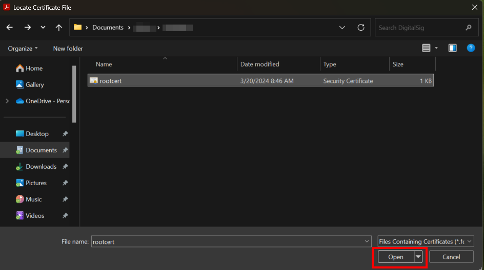 Screenshot of the "Locate Certificate File" window. This is the typical Windows file search window. In this example, the certificate is named "rootcert".
