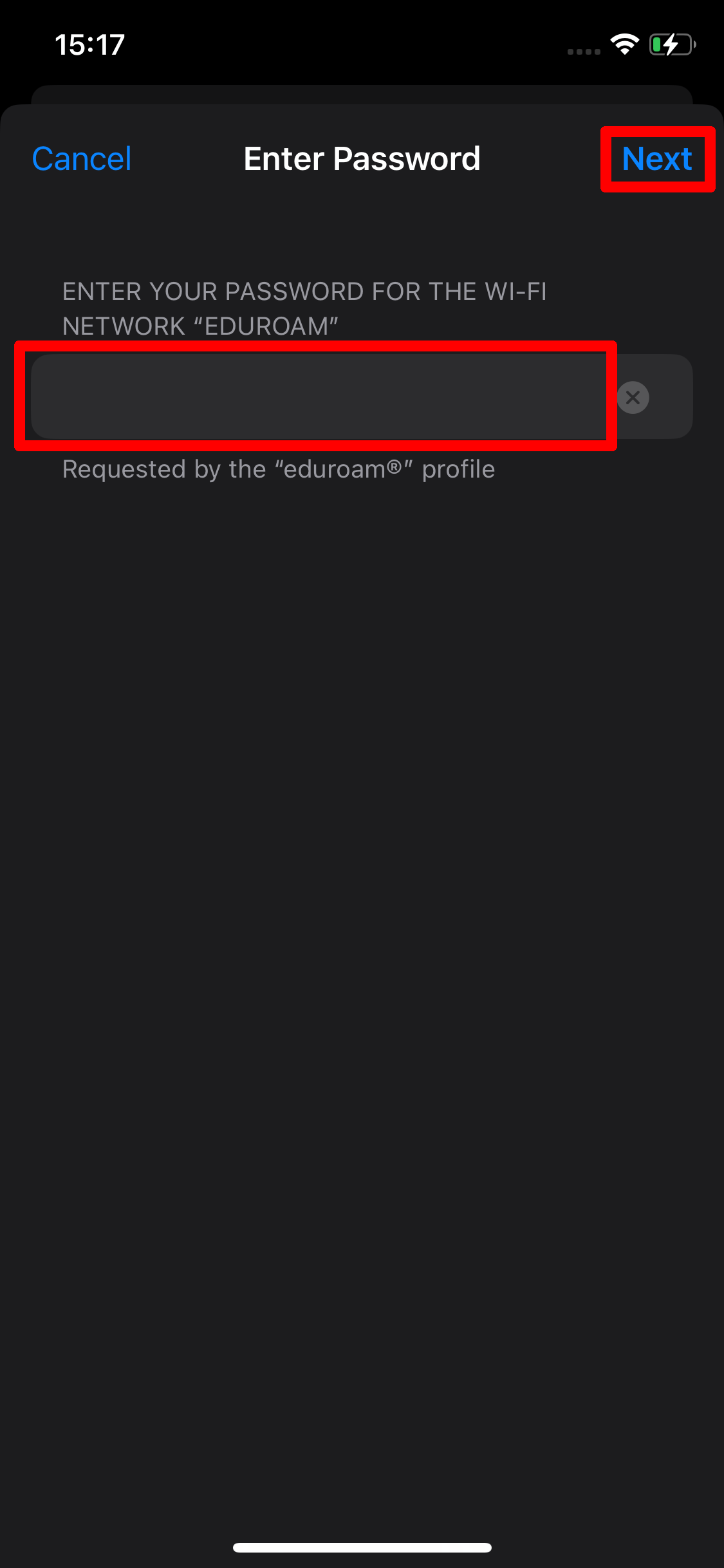 Screenshot of the "Enter Password" page. There is a text field under “Enter your password for the Wi-Fi network eduroam”.
