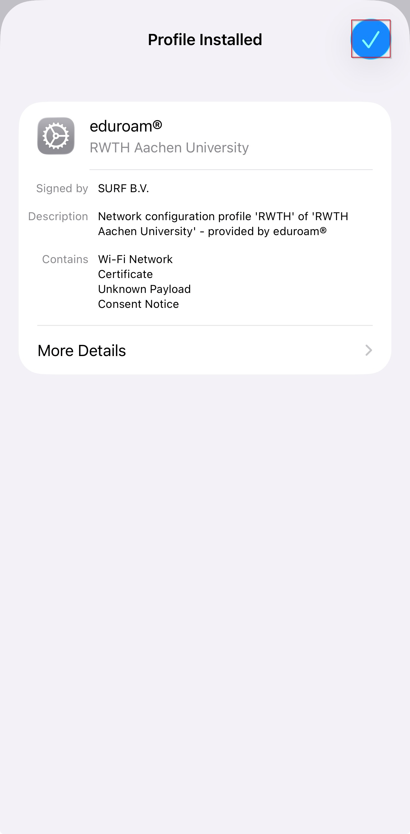 Confirmation window: Profile installed