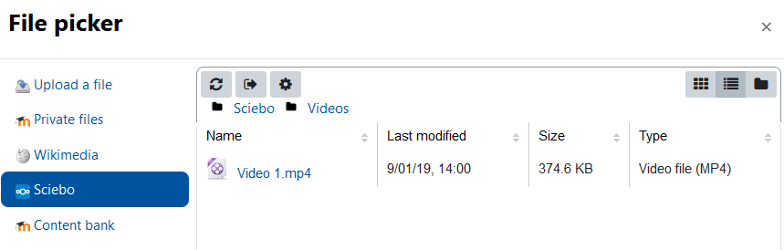 The screenshot show the "File picker" where the repository "Sciebo" is selected. The area on the right show one row of icons to reload the file list, to log out, and to edit the settings. On the right, three icons to change the view of the file list are present, "Symbols", "List", and "Folder". Below this the Sciebo folder "Sciebo/Videos" is presented, listing the file "Video 1.mp4". The entry shows an icon to identify the file type (video), the name as a link to the file, the date of last modification, the size, and the type ("Video file (MP4)").