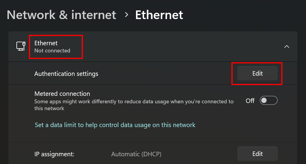 Screenshot of Ethernet settings. Authentication Settings is the first item displayed when an Ethernet connection is selected.
