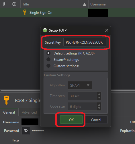 Screenshot of the "Set up TOTP" pop-up window. The first item is "Secret key". Below that you can change the settings. This is followed by the "OK" and "Cancel" buttons.