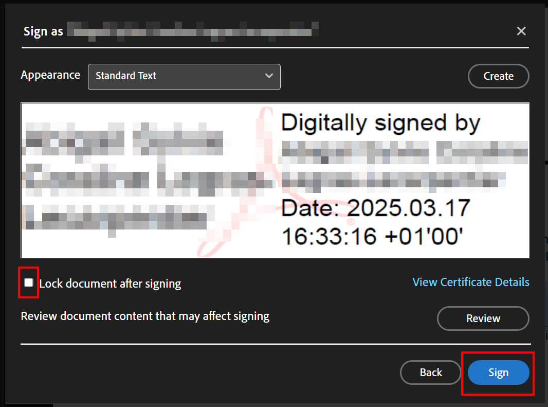 Dokument sperren Screenshot of the window "Sign as Firstname Lastname". The dropdown menu "Appearance" is located directly under. Then, a preview of the signature is shown. Under the preview is the checkbox to lock the document.