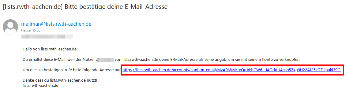 Screenshot der Bestätigungsemail.