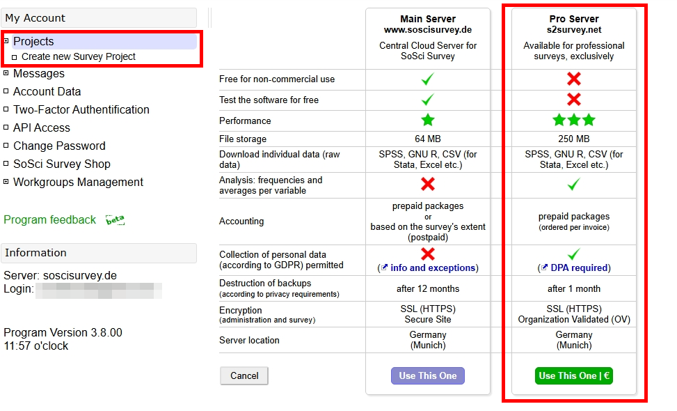 Screenshot of the "Create New Survey Project" page. The properties of the main server and pro server are listed in a table. A button labeled "Use this one" is displayed for each server after the server location.