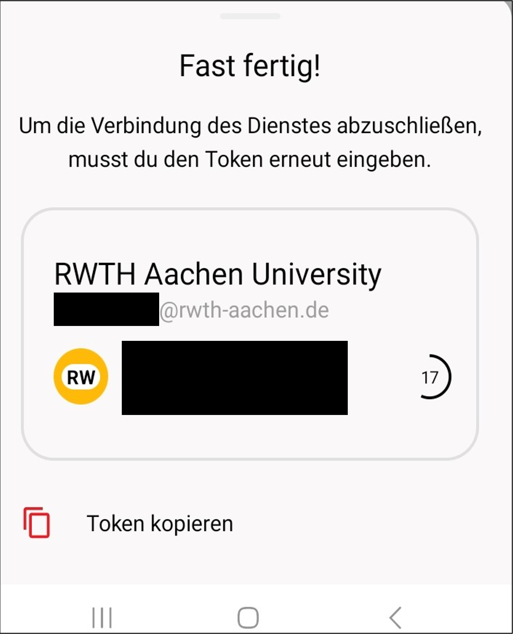 Screenshot der Authenticator App. Unter "RWTH Aachen University" wird ein Code angezeigt. Darunter finden Sie die Option "Token kopieren".