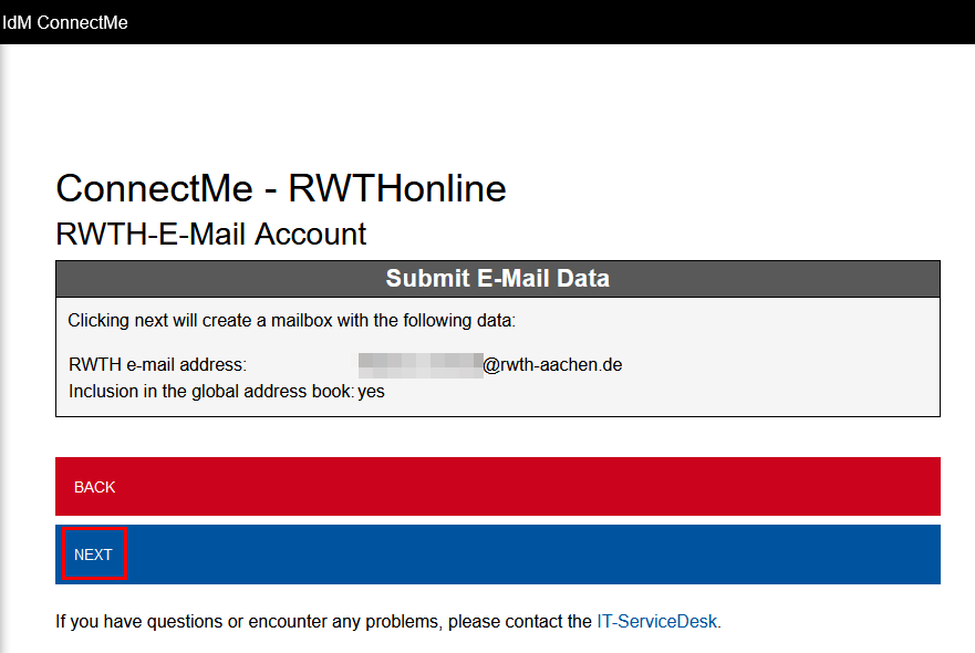 Screenshot of IdM ConnectMe in the RWTH email account section. Under "Submit Email Data," you can review your selections from steps 1 and 2. Below that are the "Back" and "Next" buttons.