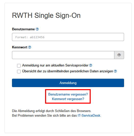 Screenshot des RWTH Single Sign-Ons.