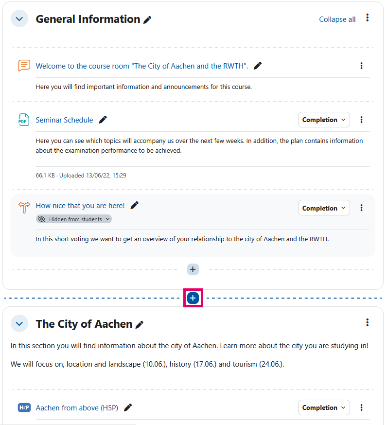 Screenshot: Excerpt of a course page showing sections with activities. The plus icon between two sections is highlighted. A dashed line to the right and left of the icon.