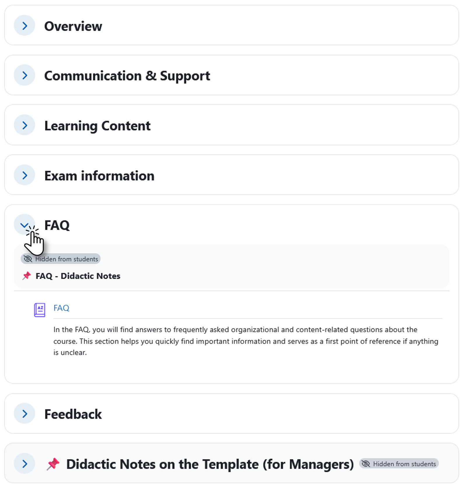 Screenshot of a Moodle course using the Custom sections format, with collapsible sections. The “FAQ” section is expanded and contains a glossary used as an FAQ, while the other sections are collapsed.