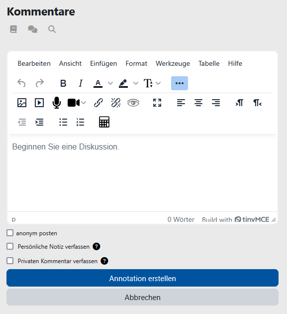 Screenshot: Texteditor mit der Überschrift "Kommentare" und dem Hinweis "Beginnen Sie eine Diskussion" im Textfeld.