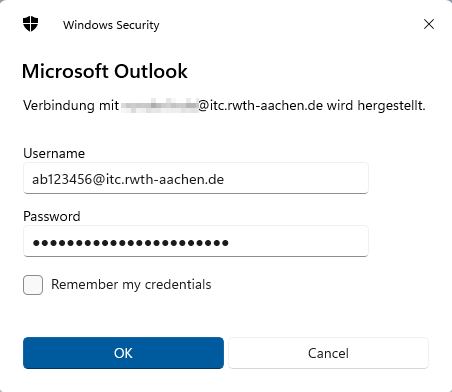 Der Anmeldedialog für den RWTH-E-Mail-Account. Der Dialog ist von Windows Security und hat den Titel "Microsoft Outlook." Im Textfeld für den Benutzernamen ist ab123456@itc.rwth-aachen.de eingegeben. Im Textfeld für das Passwort ist ein Passwort eingegeben. Unten im Dialog ist ein "OK" Button.