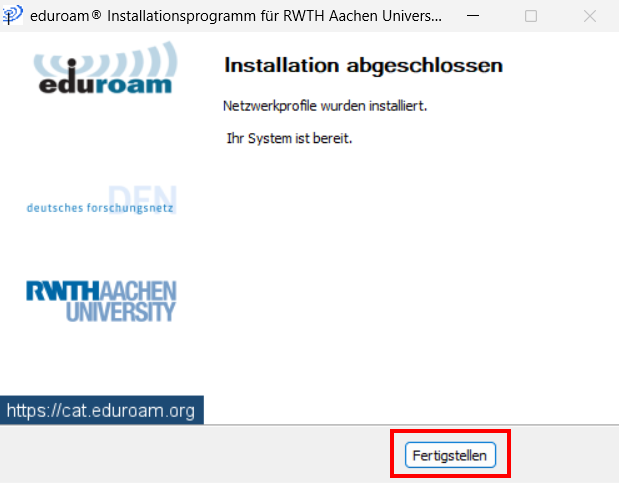 Screenshot des Installationsprogramms. Nach erfolgreicher Installation erscheint das Fenster "Installation abgeschlossen". Unter dem Text befindet sich die Schaltfläche "Fertigstellen".