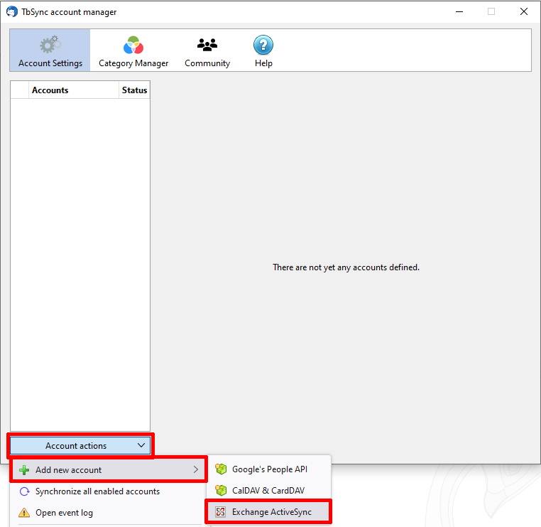 Set up a new Exchange ActiveSync account Screenshot of the TbSync account management window, which graphically displays the selection of options from step 2.