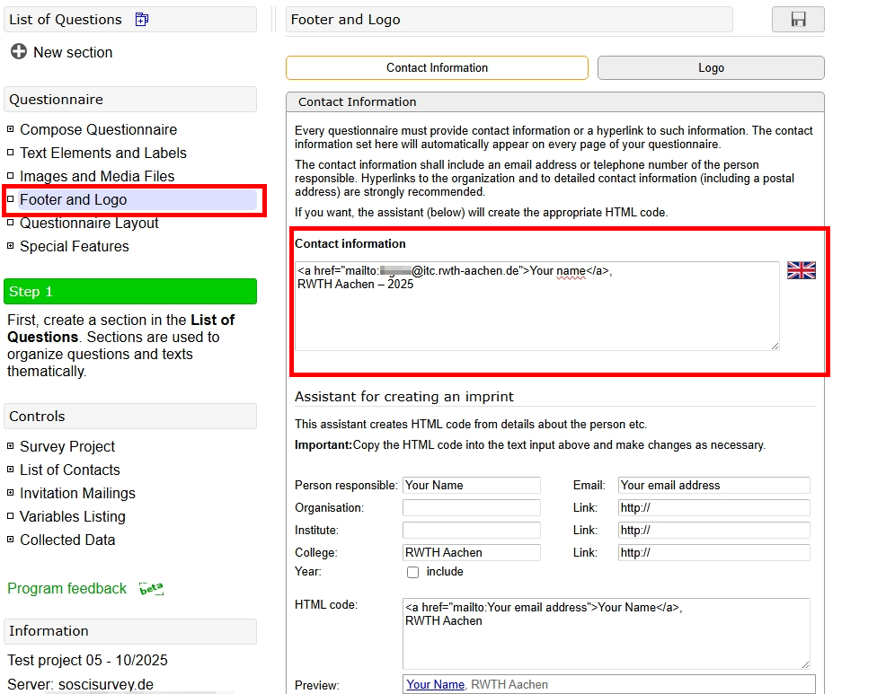 Screenshot of the "Footer and Logo" section. There is a free text field under "Contact Information."
