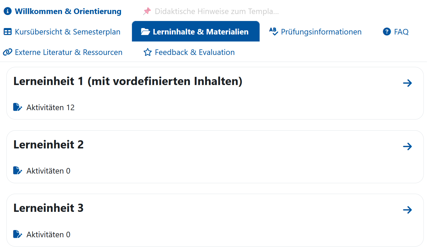 Screenshot: Mehrere Kursraumüberschriften in Tabs. Die Überschrift "Lerninhalte & Materialien" wird mit dem Mauszeiger angeklickt. Darunter befinden sich Unterkategorien, weiter darunter Modul 1, Modul 2 und Modul 3. 
