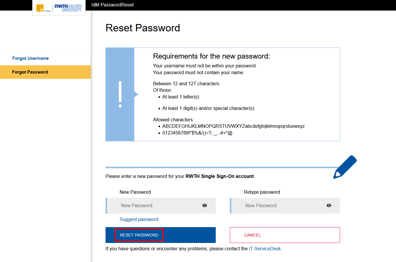 Screenshot of the “Reset Password” page. The password requirements are at the top. Below that are the "New Password" and "Repeat Password" input fields. The "Reset Password" button is below that.