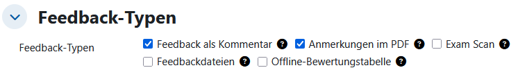 Screenshot: Feedbacktypen mit den Optionen "Feedback als Kommentar", "Anmerkungen im PDF", "Exam Scan", "Feedbackdateien", "Offline-Bewertungstabelle"