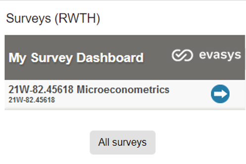 The screenshot show the EvaSys block from student perspective. It contains the header "Surveys (RWTH)", and a list with one survey that is ready to take. The list is titled "My Survey Dashboard" along with a EvaSys logo. The list entry has the title "21W-82.45618 Microeconometrics" with an arrow as a link on the right side. Beneath this list there is a button titled "All surveys".