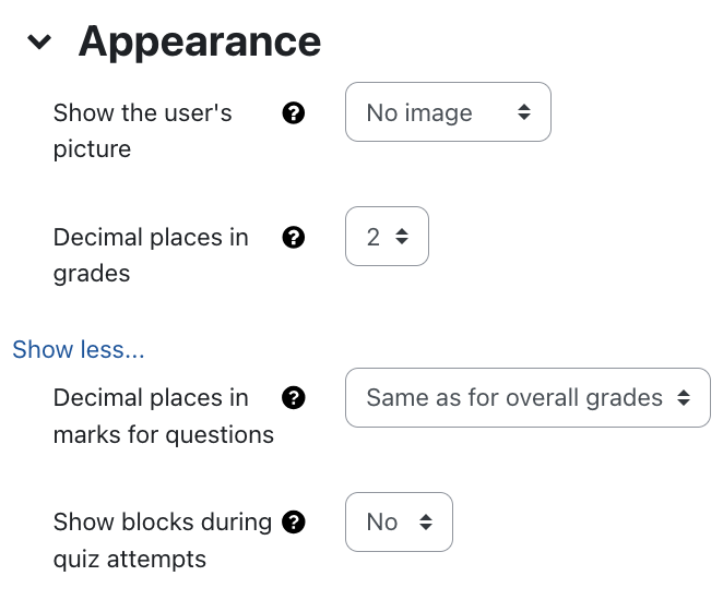 Appearance settings for quiz Appearance settings for quiz