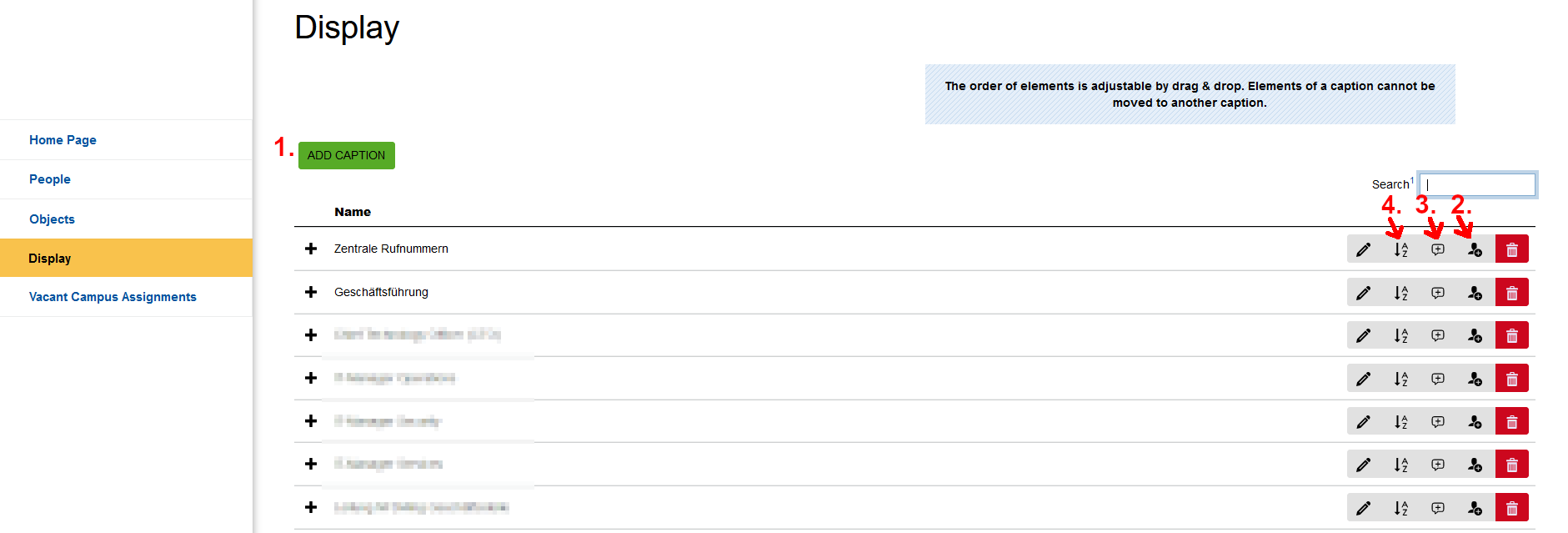 Display overview Screenshot of the ‘Display’ view in RWTHcontacts. The ‘Add caption’ button is located at the top of the page. All display options are in a table. After the name are the buttons ‘Edit’, ‘Sort alphabetically’, ‘Add comment’, ‘Add persons and objects’ and ‘Remove’.