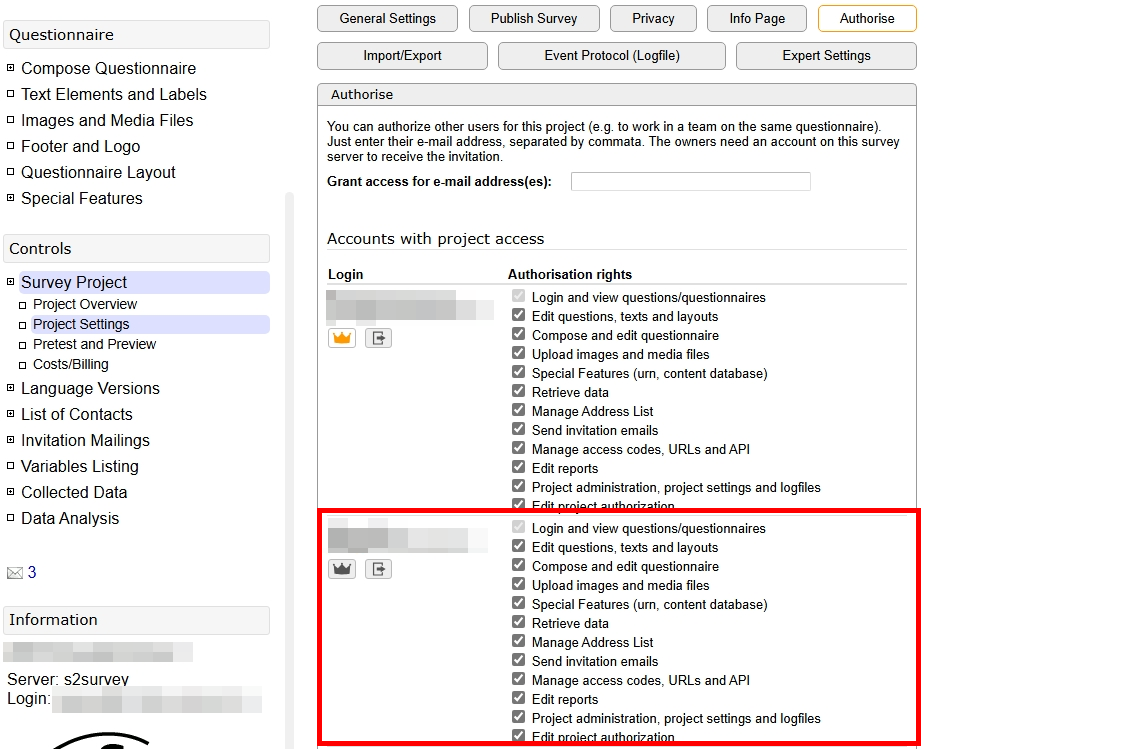 Screenshot of the Authorize tab. Under "Accounts with project access," you can adjust the added person's rights. Below that is the "OK" button.