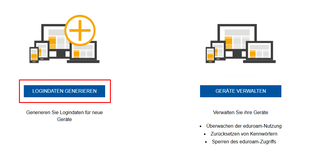 Startseite des EGM mit den zwei Schaltflächen: Logindaten generieren und Geräte verwalten.