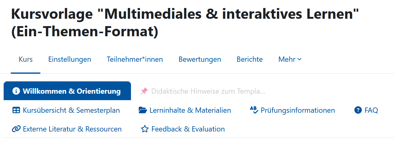 Screenshot: Lernraum mit dem Titel "Kursvorlage "Multimediales und interaktives Lernen" (Ein-Themen-Format)". Themen sind in Registerkarten dargestellt. 