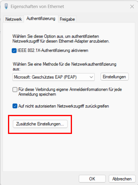 Screenshot des Fensters "Eigenschaften von Ethernet", Registerkarte "Authentifizierung". Die Schaltfläche " Zusätzliche Einstellungen " befindet sich am Ende der Registerkarte, vor der Schaltfläche " OK ".