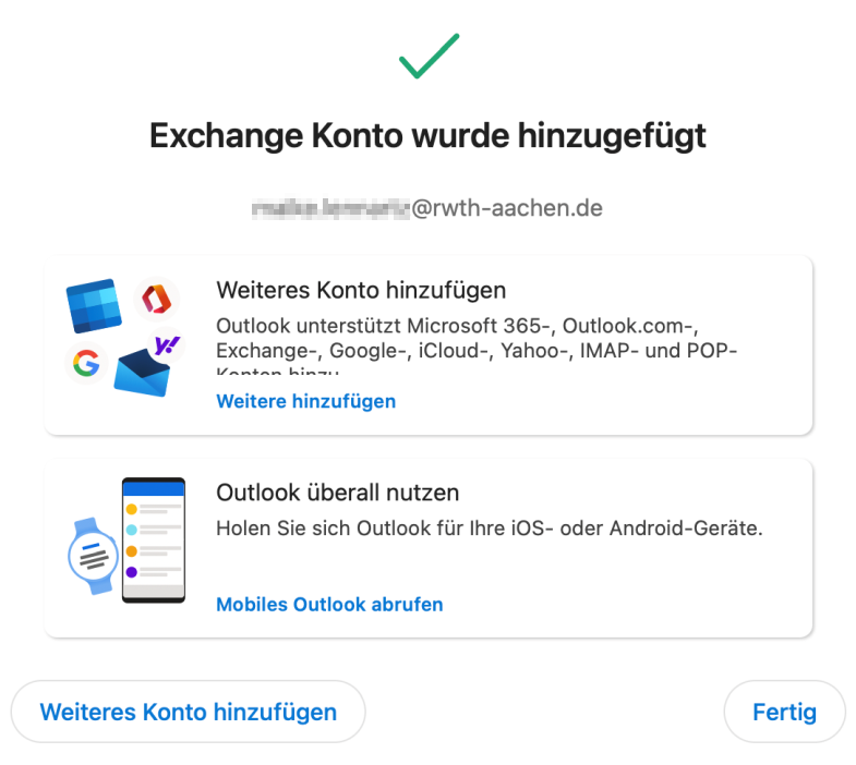 Exchange Konto wurde hinzugefügt