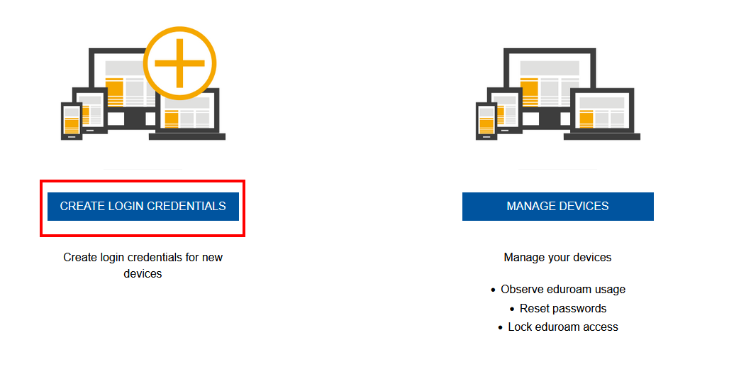 Screenshot of the start page of the Devicemanager. There are two buttons: Generate login credentials and Manage devices.