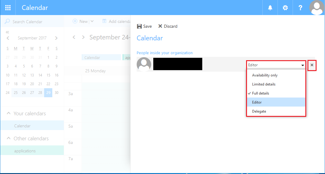 E-Mail > OWA Berechtigungen > calender 4.PNG Screenshot of the Calendar window in the RWTH MailApp, which graphically displays the selection of options from step 2. The authorisation options appear on the right-hand side of the screen.