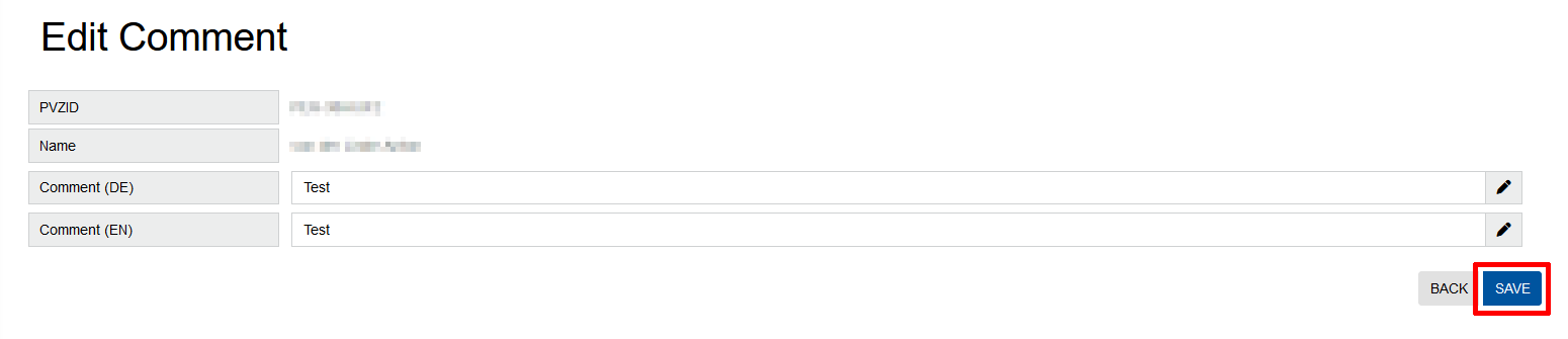 Editing comments for elements Screenshot of the ‘Edit comment’ view. The comment is entered in a table. The ‘Save’ button is at the bottom of the page.