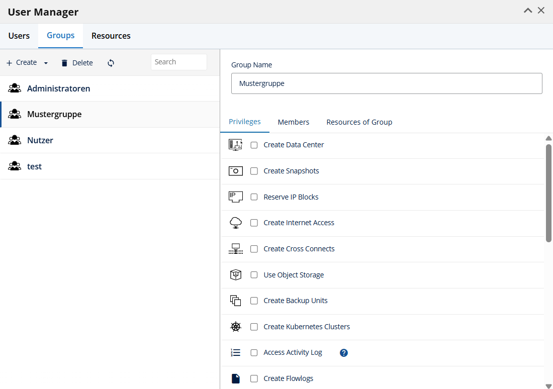 In the Group Permissions section, you can set the group's permissions.