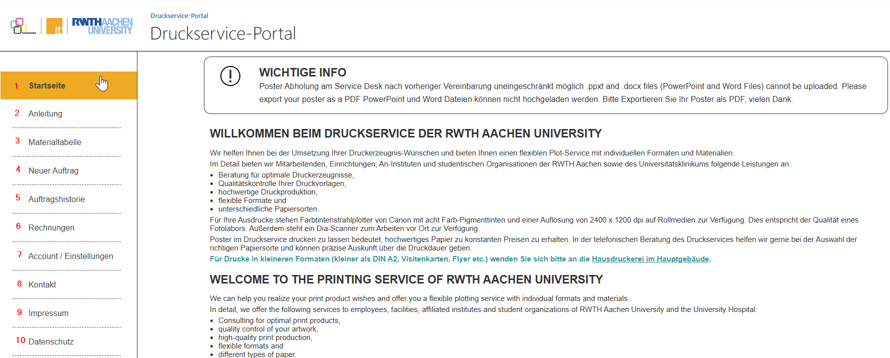 Screenshot des Druckservice Portal Webseite. Die im Folgenden beschriebenen Optionen sind grafisch dargestellt und durchnummeriert.