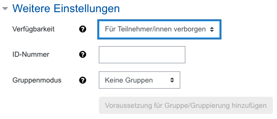 Aufgabeneinstellungen, Weitere Einstellungen Screenshot Aufgabeneinstellungen, Kategorie Weitere Einstellungen