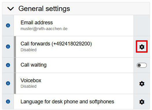 Activating call forwarding in the general settings Activating call forwarding in the general settings