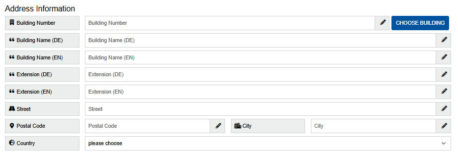 Screenshot of the “Address information” section. All information about the address of the building is displayed here. “choose building” is located next to the building number.